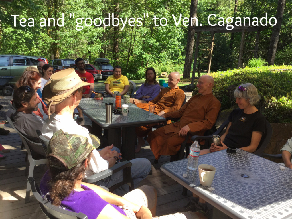 Tea and conversation following the work in the Garden. Many shared their appreciation for Ajahn Caganando before his imminent departure to the Temple Forest Monastery